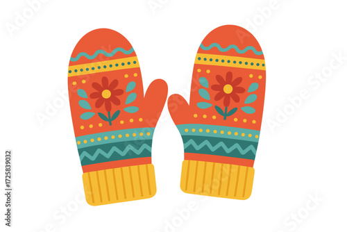 Colorful knitted mittens with floral pattern on transparent background wool mittens with pattern