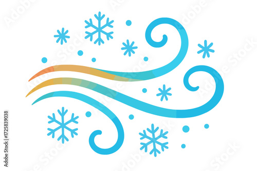 Abstract winter wind with snowflakes in blue and orange colors wind blowing snow