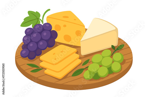 Cheese and grape platter with colorful varieties on wooden board cheese platter with grapes