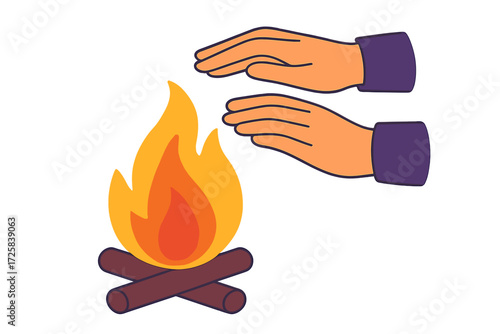Two hands warming by a campfire with flames and logs hands warming by fire