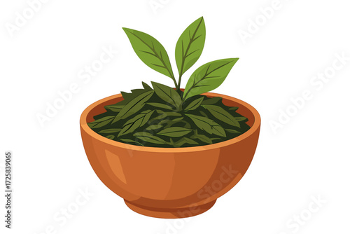 Green tea leaves in brown bowl on transparent background tea leaves in ceramic bowl
