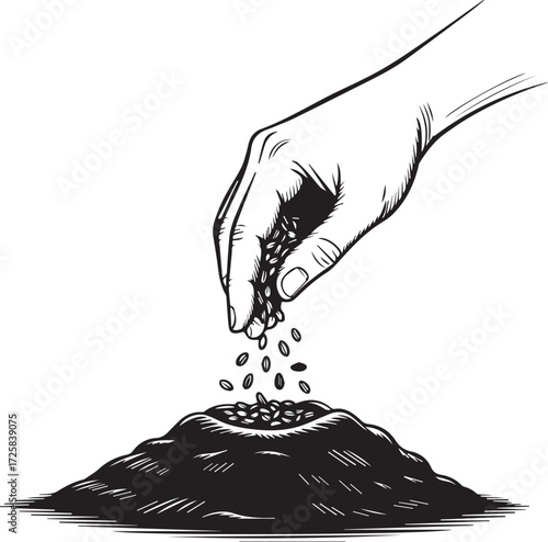 Hand planting seeds into fertile soil creating new life and growth concept