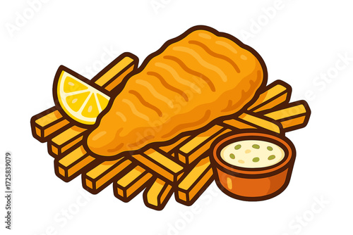 Fried fish fillet with lemon and dipping sauce on wooden platter fish and chips portion