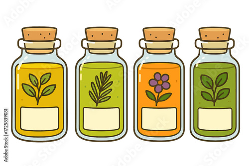 Colorful jars of herbs and oils with cork lids on transparent background jars with herbal extracts