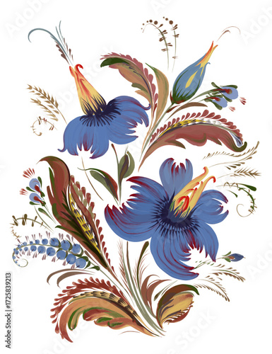 Vector floral composition of hand drawn fantasy flowers, ornate leaves on a white background
