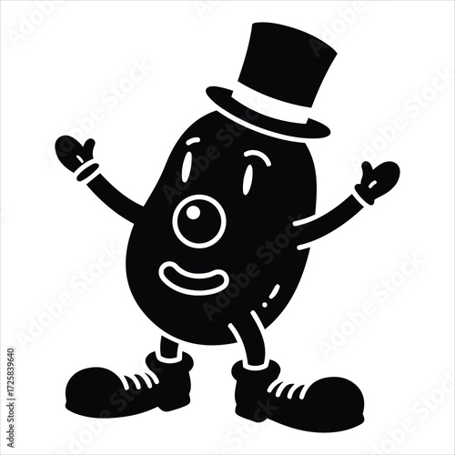 Whimsical potato character wearing a top hat and clown nose with open arms and shoes