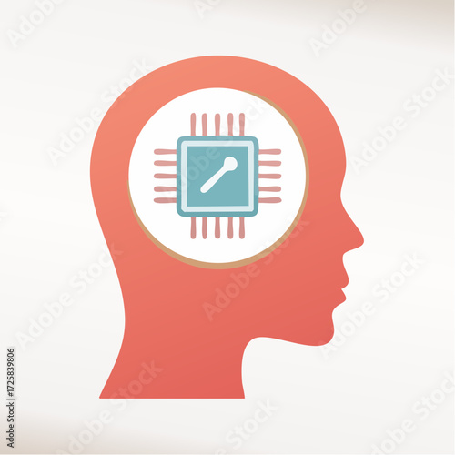 Stylized illustration of a human head silhouette with a computer chip icon inside, representing artificial intelligence or advanced thought processing.