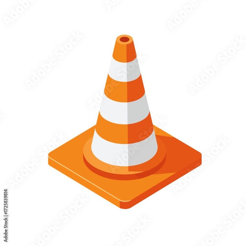Isometric view of a classic orange and white striped traffic cone, a universal symbol for road safety, construction areas, and temporary hazard warnings