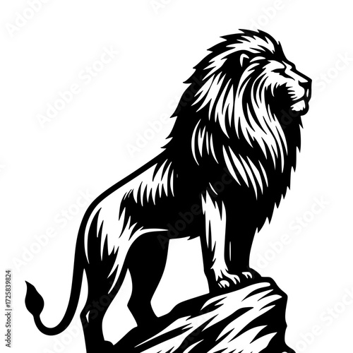 Majestic Lion Silhouette: A powerful lion stands proudly atop a rocky peak, its silhouette defined in striking detail. The image captures the strength and nobility of the lion.