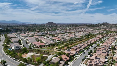 Aerial view of a sprawling neighborhood of family homes in Menifee city in Riverside County, California, United States