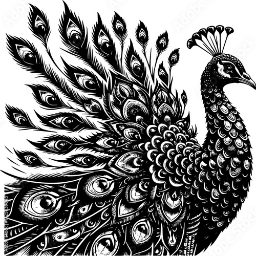 Majestic Peacock Display: A monochrome illustration of a peacock displaying its resplendent plumage, an artwork that beautifully captures the bird's elegance and pride.