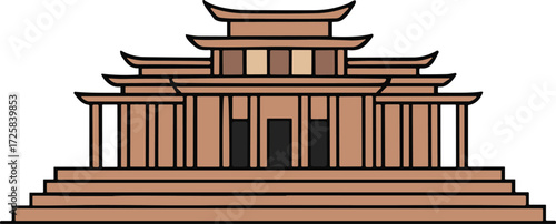 Traditional East Asian temple architecture with tiered roofs, wooden columns, curved eaves, and symmetrical design for cultural heritage illustration