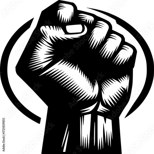 Fist of Power: A commanding black and white illustration of a clenched fist, symbolizing strength and defiance, rising against a stark background.