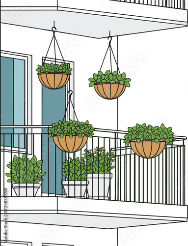 Urban balcony garden with hanging and potted plants, lush green foliage, small space gardening, eco-friendly lifestyle, residential outdoor decor