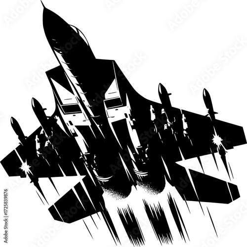 Stealth Jet in Flight: A dynamic monochrome depiction of a stealth jet soaring through the sky, illustrating speed and advanced technology.