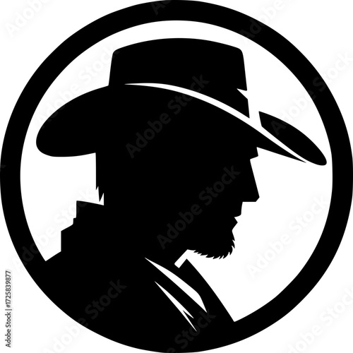Silhouette of a Cowboy: A bold and iconic silhouette of a cowboy, hat casting a strong profile against the circular frame, embodies the spirit of the American West, adventure and heritage.