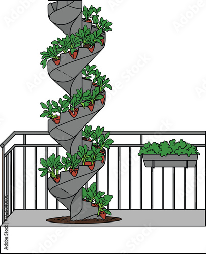 Vertical spiral garden illustration with balcony planter, leafy vegetables, urban greenery, space-saving design, and modern small space gardening vector concept
