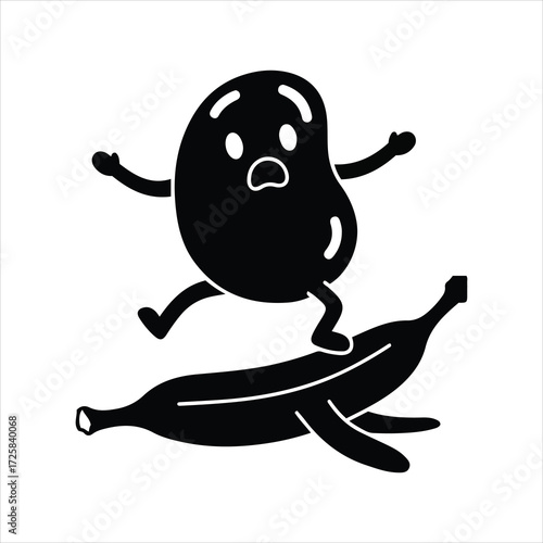 Funny cartoon jelly bean character slipping on a banana peel with a surprised expression