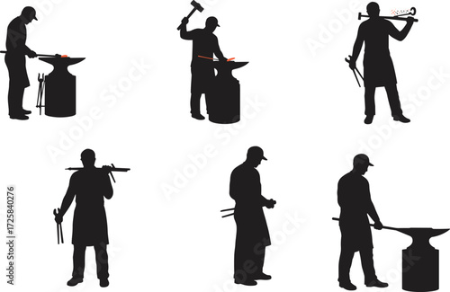 Blacksmith silhouettes working with hammer, anvil, tongs, trumpet, traditional metalworking, craftsman forging steel, industrial worker, 