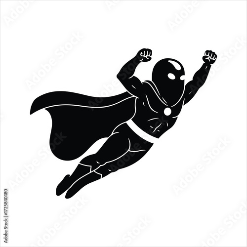 Black silhouette superhero flying with cape and mask dynamic action pose powerful heroic figure