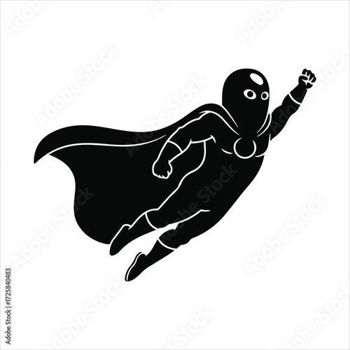 Dynamic silhouette of a flying superhero with flowing cape ready for action and adventure