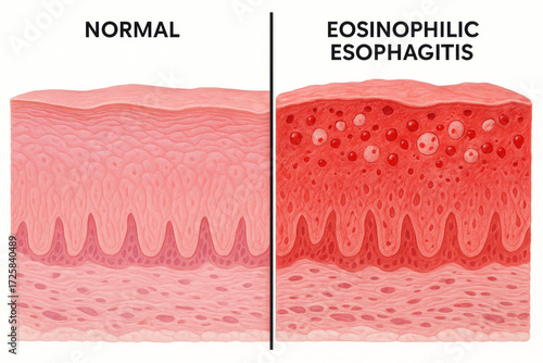Microscopic Comparison of Normal Esophagus Tissue Versus Eosinophilic Esophagitis