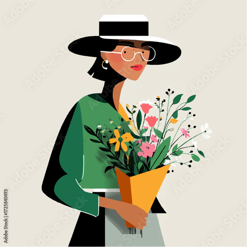 a vector illustration of a girl holding a bouquet of flowers.