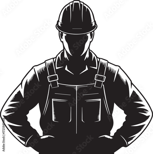 Strong silhouette of a construction worker in hard hat and overalls focused on building