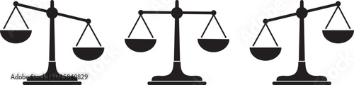 Scales of justice vector icon set. Minimalist black silhouette of a balance scale representing justice, fairness, equilibrium and libra concepts. Law and legal icon isolated on transparent background.