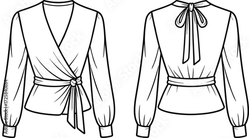 Elegant women’s wrap blouse fashion sketch, long sleeve garment design, stylish clothing illustration, apparel template, sewing pattern, fashion drawing, vector art