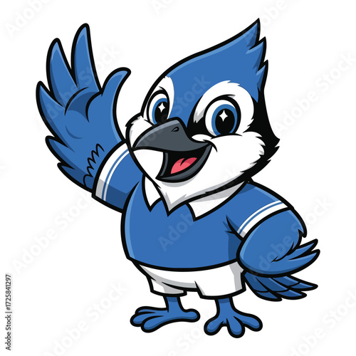 Friendly blue jay mascot waving hello cartoon bird character cute animal mascot