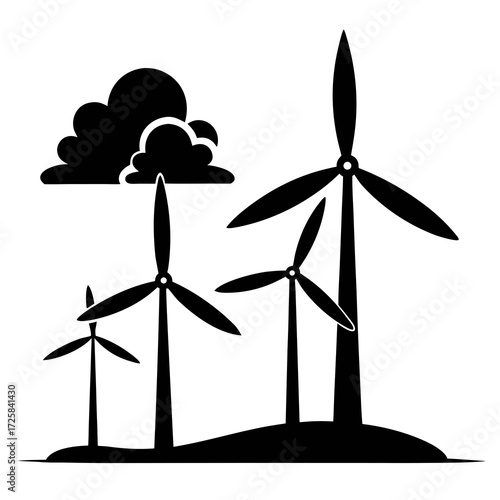 Silhouette of wind turbines generating clean energy under a cloudy sky