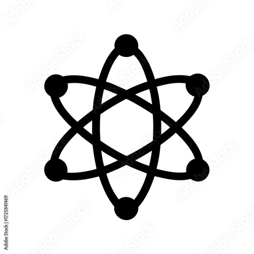 Black atom symbol graphic illustration with orbits and electrons on white background