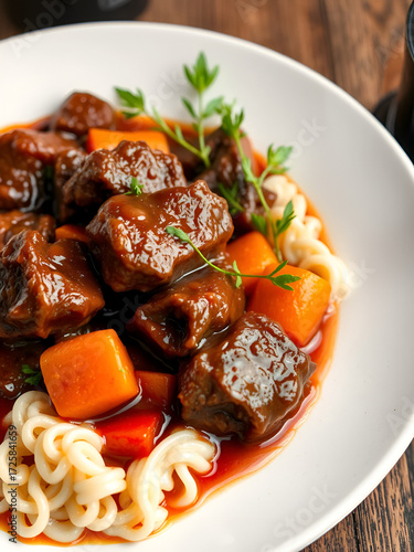 Ultra hyper realistic beef bourguignon   Tender beef chunks braised in a rich red wine sauce with carrots