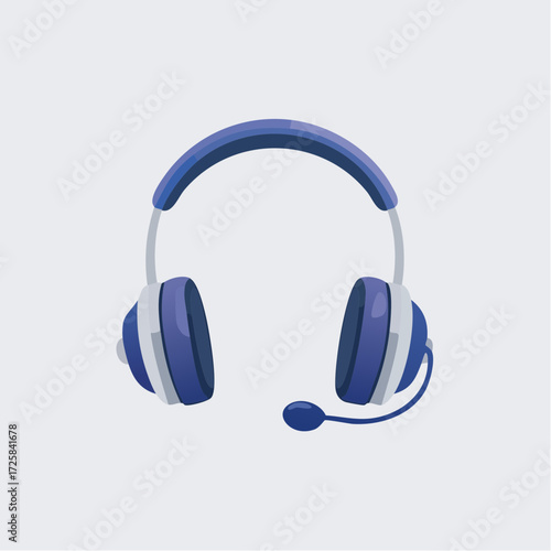 A pair of blue and white gaming headphones with a microphone attached to the side.