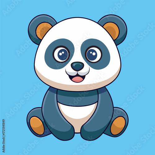 Cartoon panda with black and white fur sits with a cheerful expression