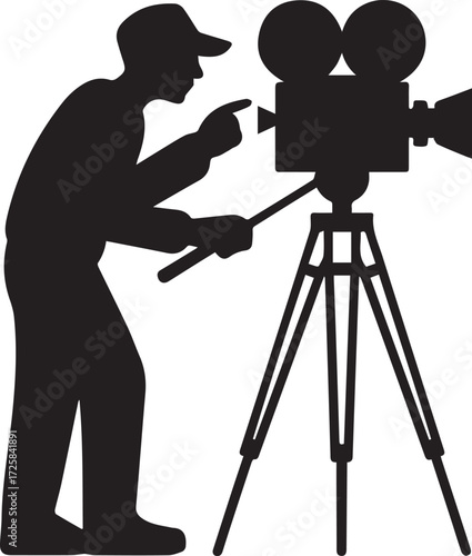 Filmmaker silhouette operating vintage movie camera on tripod directing scene
