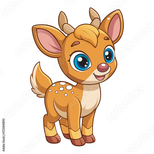 Cartoon deer with small antlers and white spots on an orange body stands up