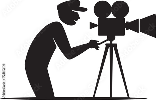 Filmmaker silhouette capturing a cinematic moment with vintage camera on tripod