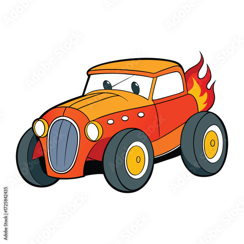 A vibrant cartoon hotrod zooms with oversized wheels, roaring engine, and fiery flames, capturing speed, fun, and classic custom car coolness in a playful style.
