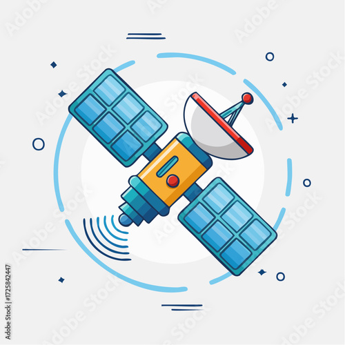 Illustration of a satellite in space, with solar panels and a communication dish.