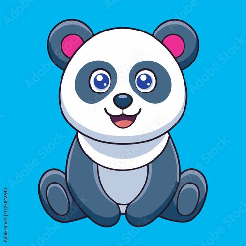 Cute panda bear cartoon sitting with a happy expression on a blue background