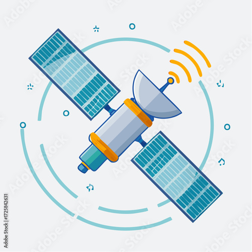 Stylized illustration of a communication satellite with solar panels transmitting a signal in space.