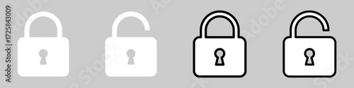Lock icon collection. Locked and unlocked green, black, white, transparent, red line icon set. Flat security symbol. Vector illustration.