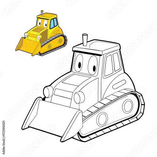 A cheerful yellow bulldozer on a coloring page, ready to push, dig, and build, perfect for kids to bring this hardworking construction machine to life with colors.
