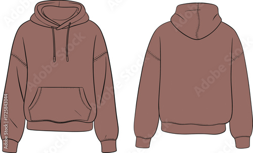 Brown hoodie front back, sweatshirt illustration, fashion apparel design, casual clothing template, unisex garment, streetwear style, blank hoodie mockup, clothing outline