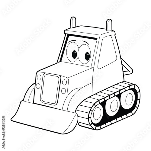 A cheerful yellow bulldozer on a coloring page, ready to push, dig, and build, perfect for kids to bring this hardworking construction machine to life with colors.
