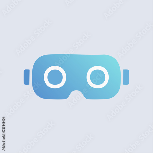 A minimalist blue virtual reality headset icon with white lenses on a light blue background, representing immersive digital experiences.