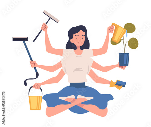 Multitasking Woman Character with Many Hands Do Domestic Chores Vector Illustration