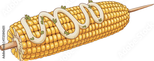 Grilled corn on cob, street food snack, Mexican elote style, roasted sweet corn, creamy sauce topping, summer barbecue, gourmet cuisine